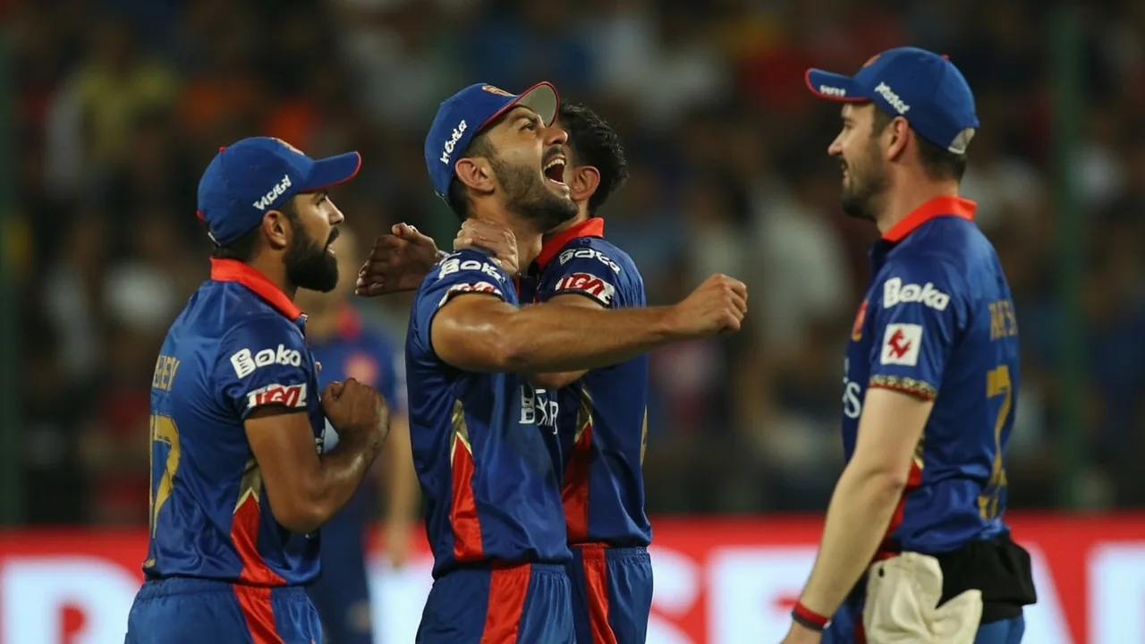 Two cricket captains facing each other in conversation near the pitch during a match under floodlights