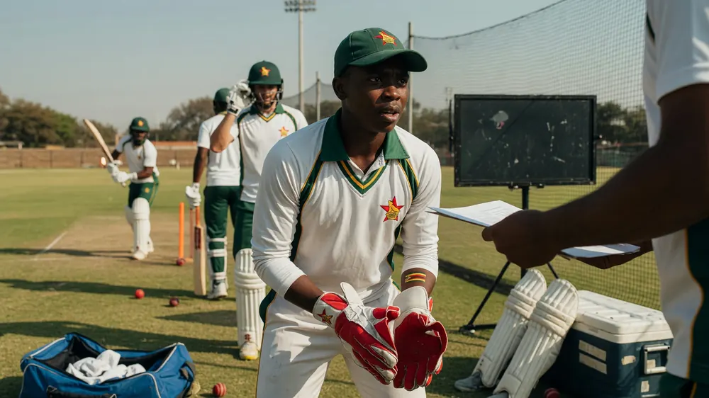 Batter in protective gear driving through the off side during a day-night cricket match