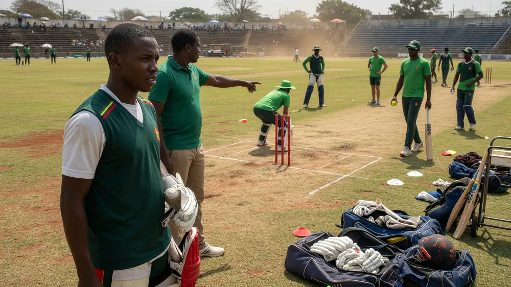 Fielders forming a tight ring on a sunlit outfield as a bowler runs in