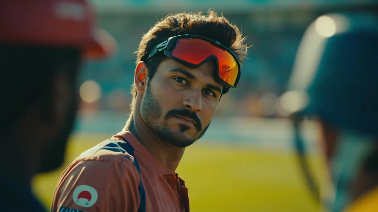 A young Indian batter working through a red-ball cover drive at a calm training session with bat and gloves in sharp focus