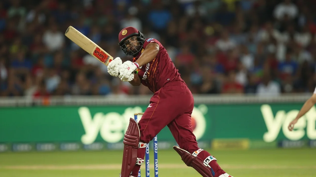 West Indies batter driving through the covers during a Caribbean ODI powerplay