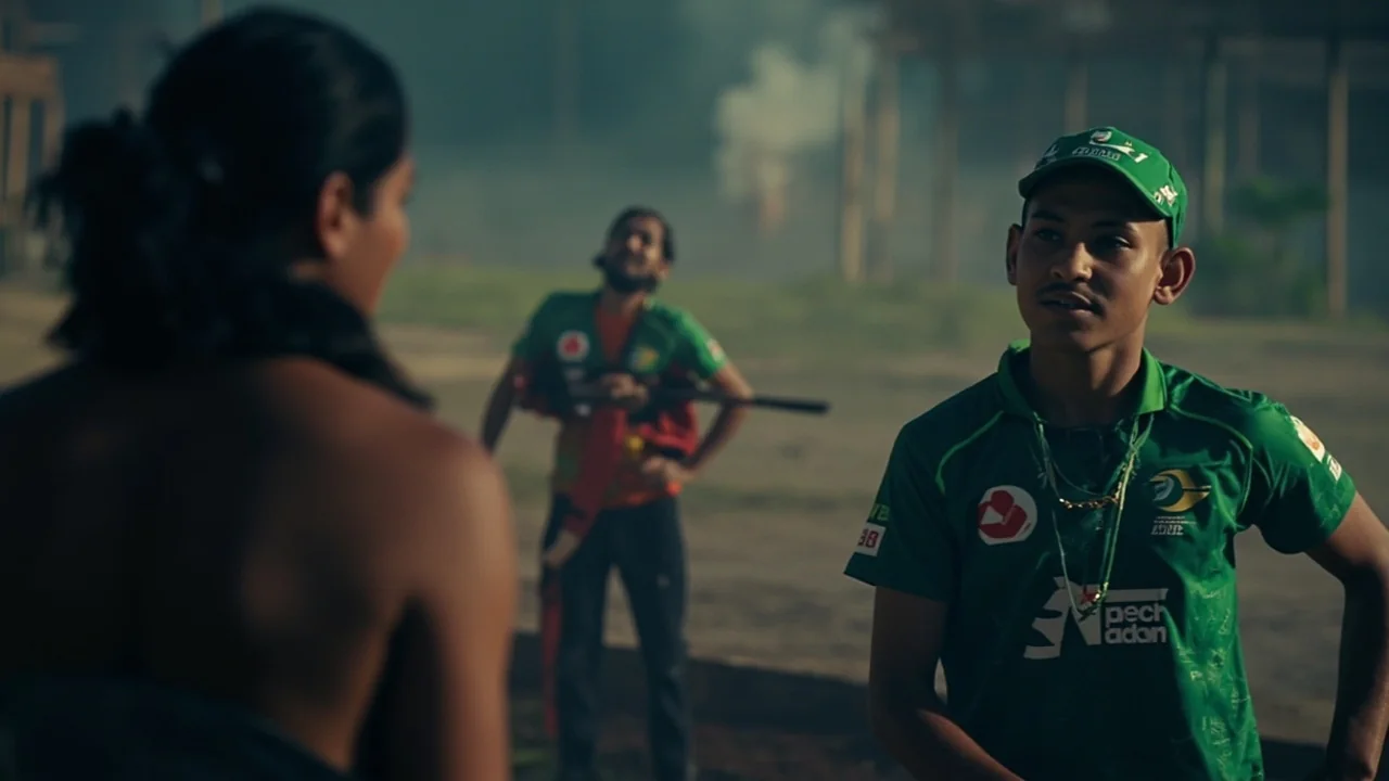 Medium editorial scene of senior T20 cricketers in conversation under evening light at a Twenty20 venue